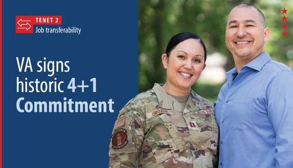 A member of the military and her military spouse next to a banner that says, “Tenet 2: Job transferability. VA signs historic 4+1 Commitment.”