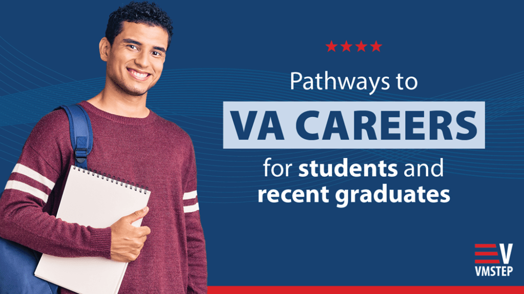 A banner that reads “Pathways to VA careers for students and recent graduates,” with a picture of a young man holding a notebook.