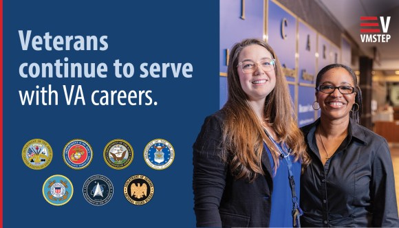 Two women smiling in a VA facility. Below them, the emblems of various military branches represent the VA's commitment to supporting Veterans from all services through Federal employment opportunities.