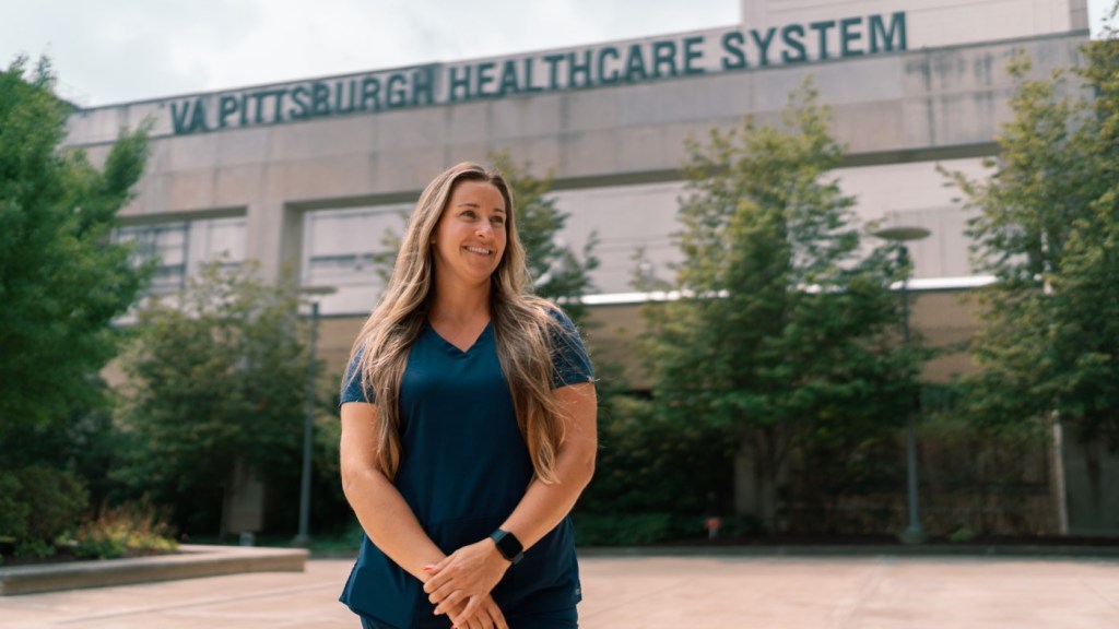 A female VA employee outside the Pittsburgh VA Healthcare System.