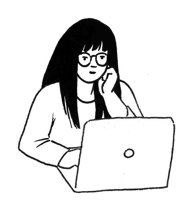 Illustration of woman using laptop and thinking