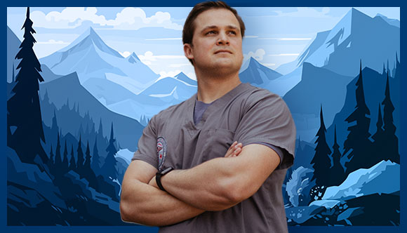 VA clinical worker posing in front of illustration of mountains and trees